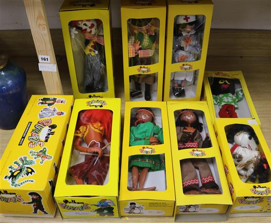 A quantity of Pelham Puppets: Animal, Drummer Kit, Gollywog, Cow Girl, Indian Girl, Indian Boy, Nurse, Horse, Bimbo the Clown